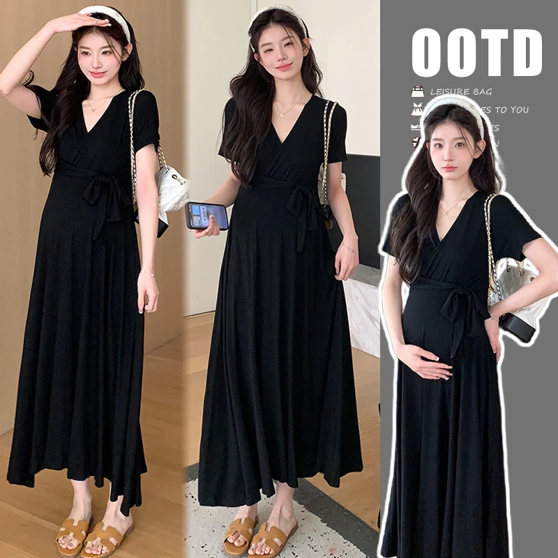 孕妇夏装连衣裙2024新款赫本风黑色长裙夏天设计感褶皱裙子夏季