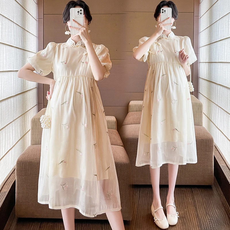 孕妇夏装连衣裙设计感刺绣盘扣汉元素淑女裙夏天减龄气质裙子夏季