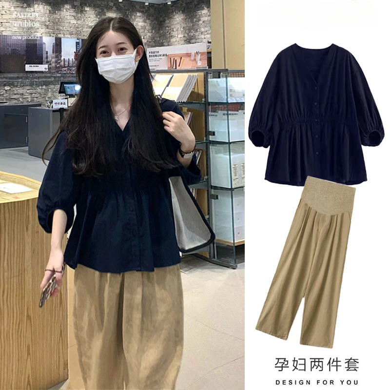 孕妇上衣夏装韩版宽松褶皱衬衣春夏孕妇套装夏季阔腿裤时尚两件套