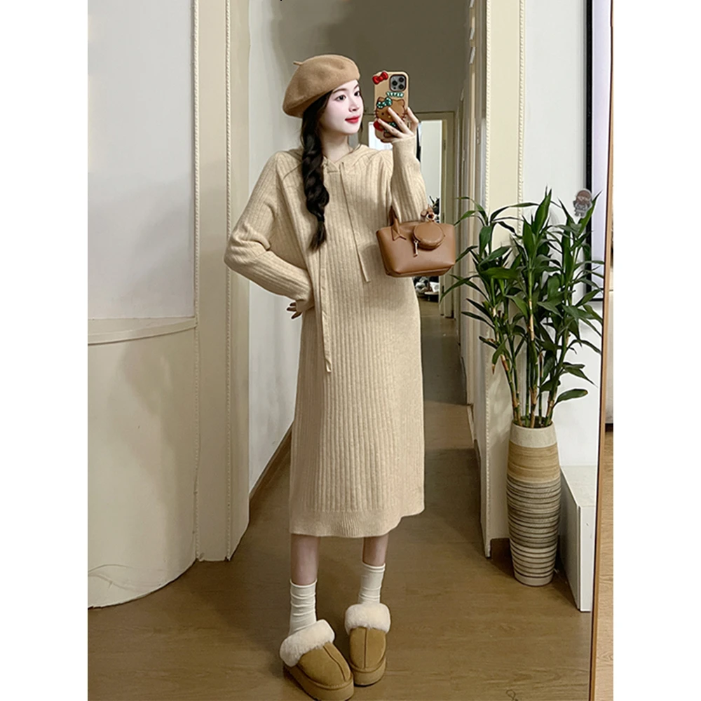 辣妈穿搭ヾ孕妇装秋冬连帽长款加厚毛衣裙韩版软糯打底针织连衣裙
