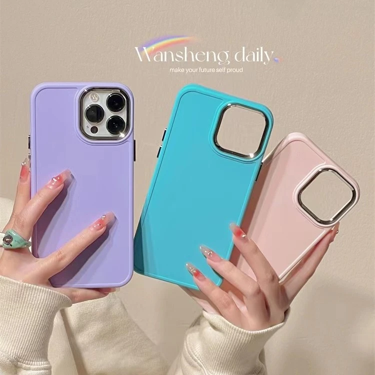 简约电镀镜头框手机壳适用苹果12/13/14Promax大孔软硅胶马卡龙色