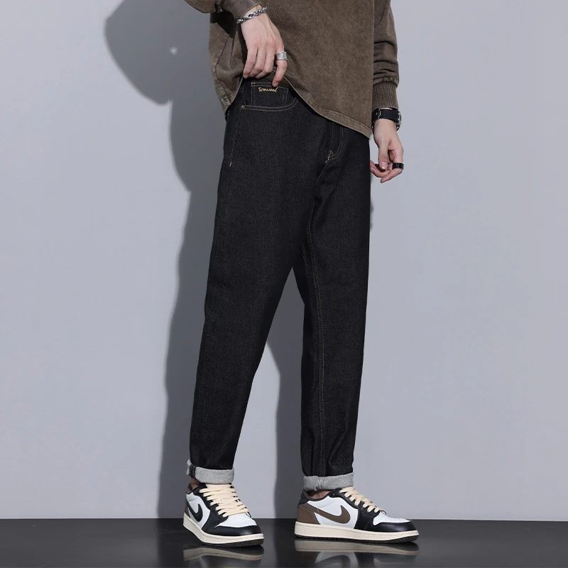 Kuvine春季高端宽松直筒黑色牛仔裤男款春秋美式高街休闲长裤子男