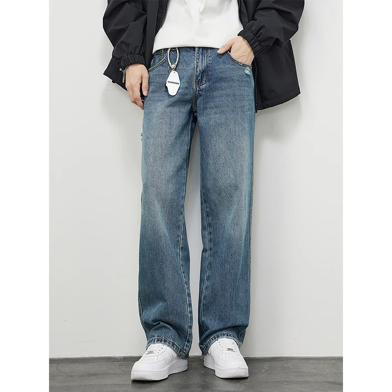 Kuvine秋季新款水洗牛仔长裤美式复古男潮流宽松直筒休闲百搭痞帅