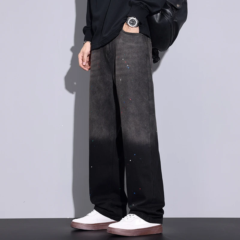 Kuvine秋冬款美式复古宽松直筒渐变泼墨牛仔裤男士潮牌阔腿裤子男