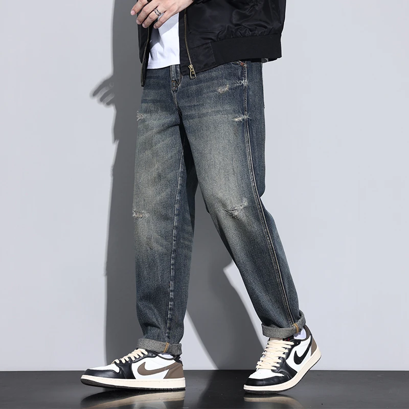 Kuvine春季复古刮烂直筒牛仔裤男士春秋美式休闲百搭宽松长裤子男