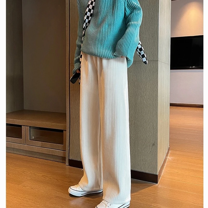 雪尼尔阔腿裤女春秋冬季中腰垂坠感加绒灯芯绒直筒米白色休闲裤子