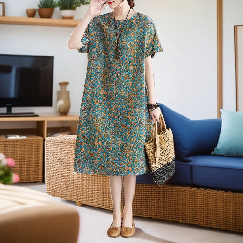 外贸高端棉麻连衣裙女夏文艺复古民族风宽松大码胖MM遮肉气质裙子