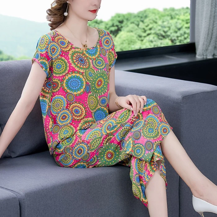 外贸品质专柜棉绸套装女外穿阔腿裤夏装中年人造棉睡衣家居服出门