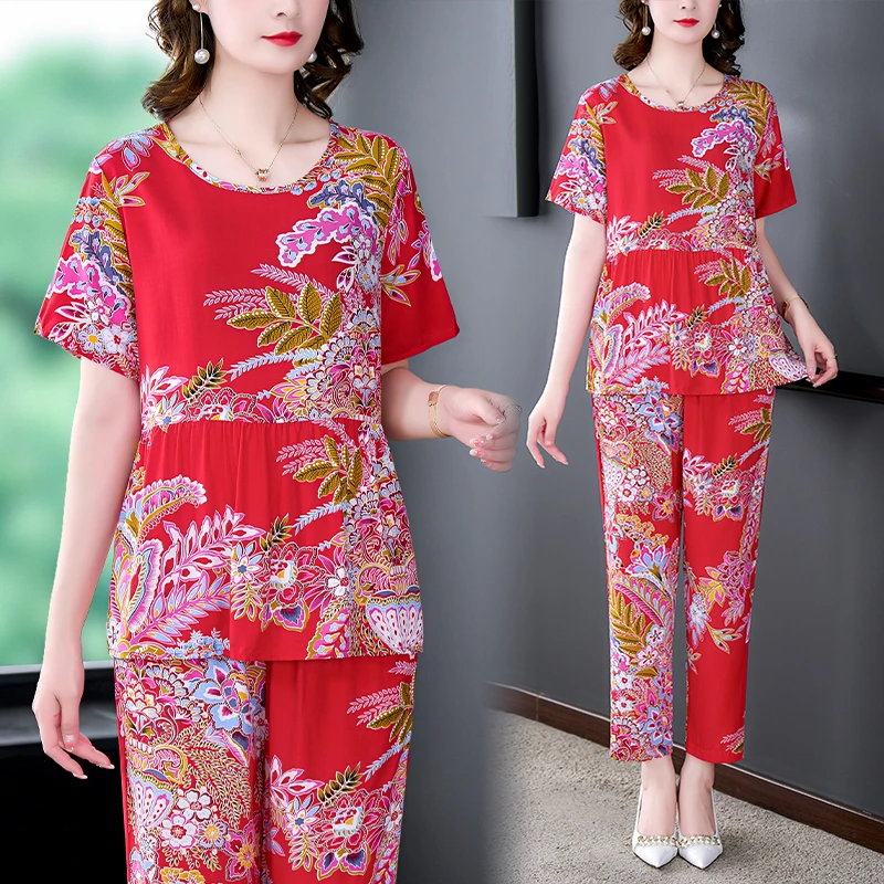 外贸品质妈妈棉绸睡衣女夏外穿宽松收腰时尚洋气人造棉家居服套装