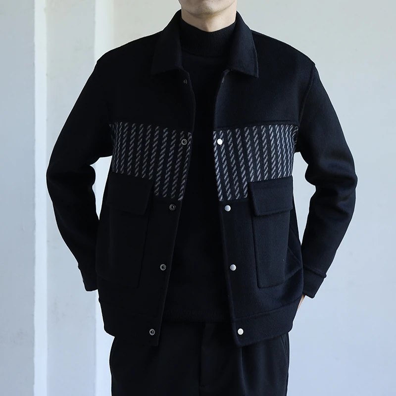2024冬季毛呢夹克男韩版轻熟风男装休闲加厚双面呢拼接呢子外套男