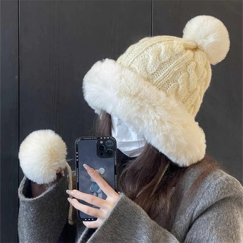 新款大毛边护耳帽女绑带毛线帽毛绒针织帽加厚加绒防寒保暖帽子冬