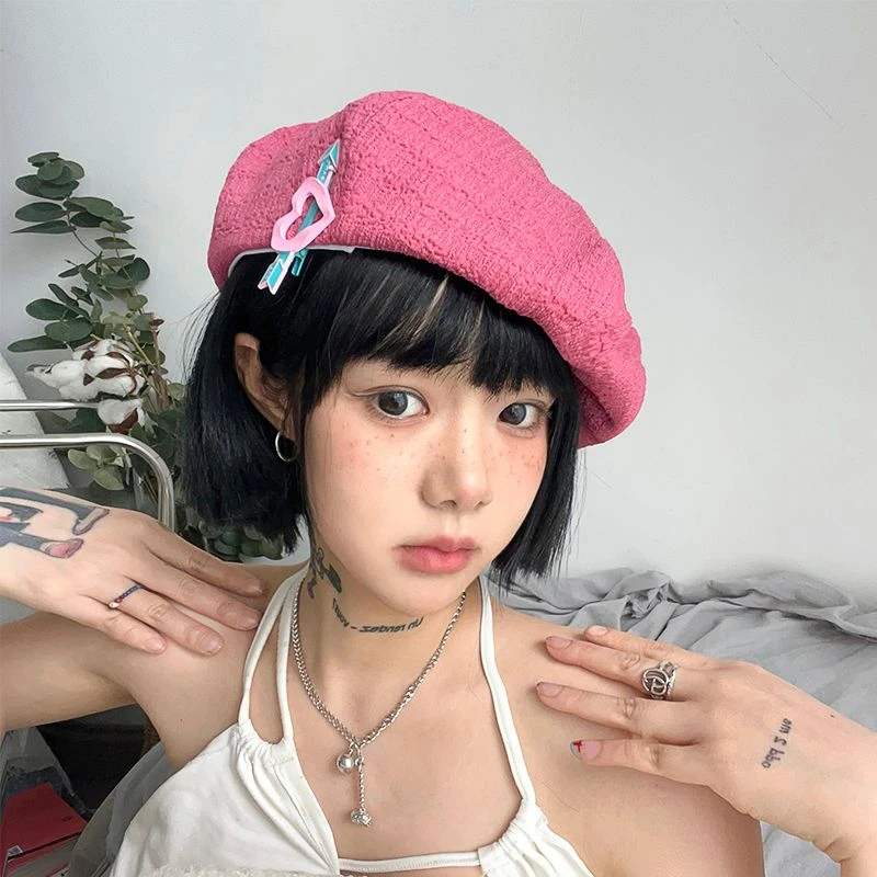 甜酷女孩/肌理感画家帽气质显白火龙果色帽子女贝雷帽夏季薄款男