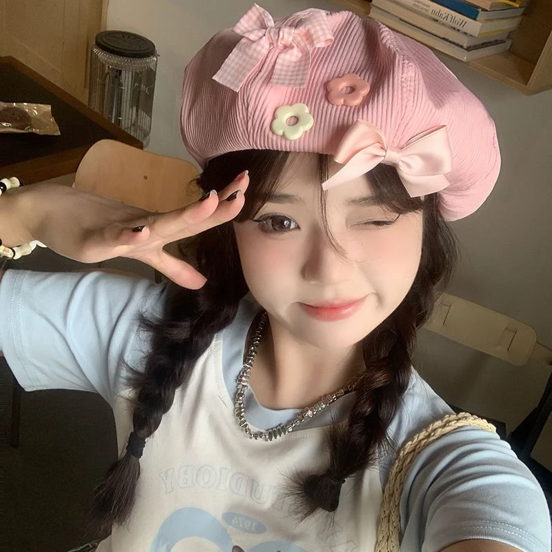 小众设计款贝雷帽日系甜美粉色蝴蝶结多巴胺蓓蕾画家帽显脸小韩版