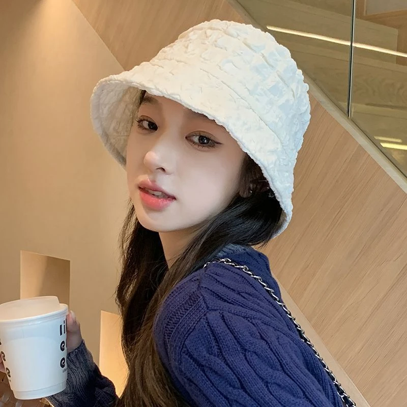 褶皱泡泡格子渔夫帽子女春秋日系小清新时尚百搭显脸小水桶帽纯色