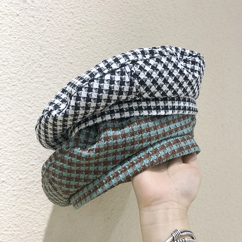 韩国千鸟格贝雷帽子女复古平顶日系网红报童帽秋时尚蓓蕾画家帽潮