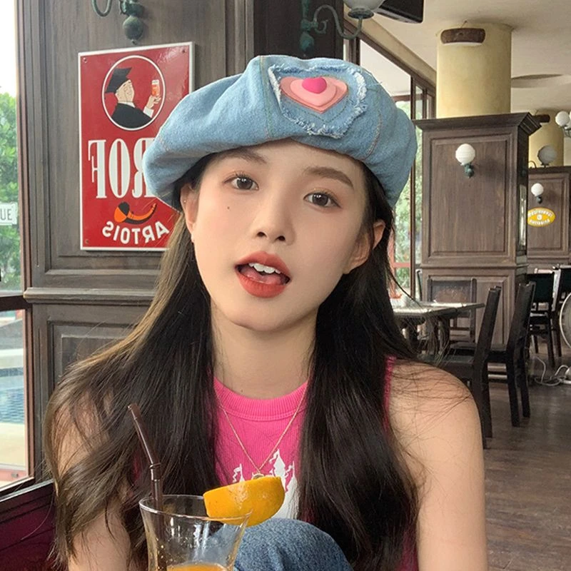 牛仔贝雷帽女春夏季小众日系甜美显脸小画家帽子爱心蓓蕾帽子女