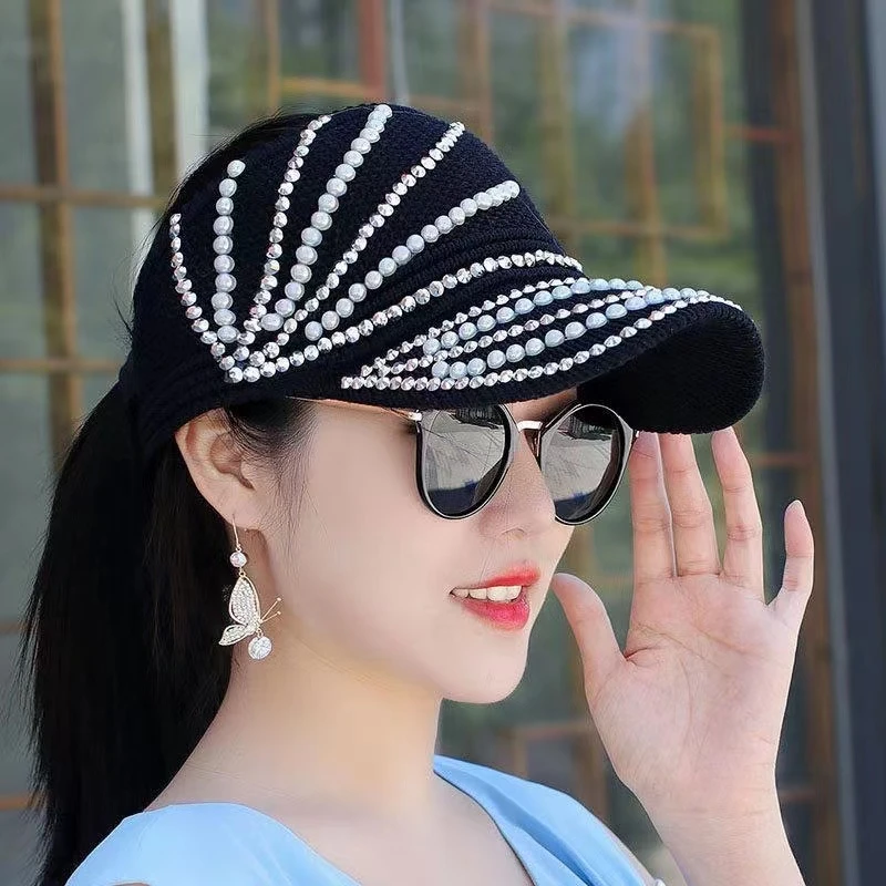 女式夏季空顶帽子韩版时尚水钻遮阳帽出游运动防晒透气鸭舌太阳帽