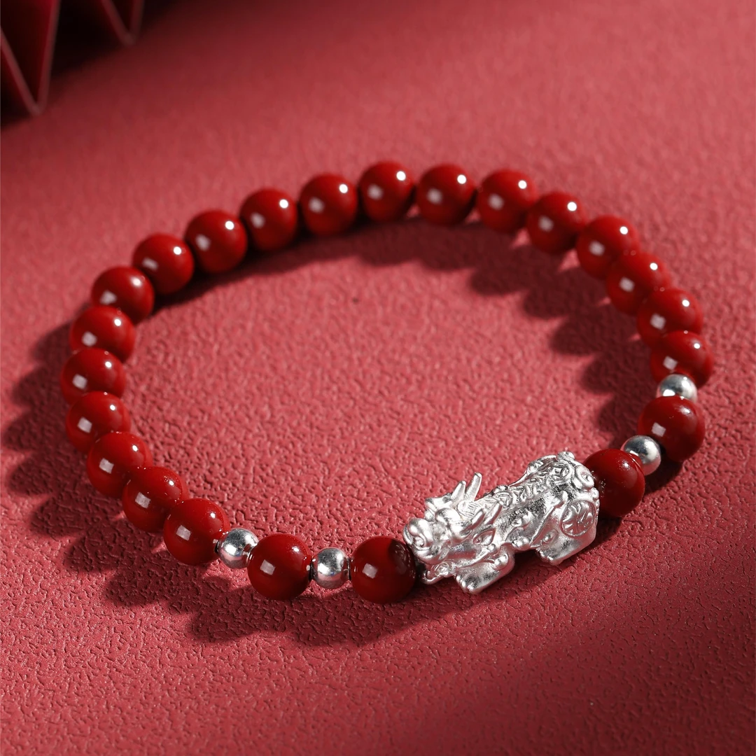 足银手链 A8069【红珠珠貔貅手链6mm】足银999简约红色复古国风手工