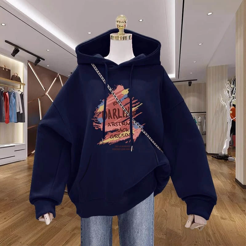 美式复古印花连帽卫衣女士2023年新款欧货大版加绒加厚外套上衣潮