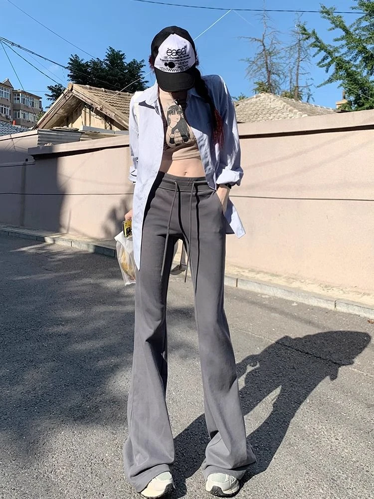 纯色微喇叭裤女韩版低腰辣妹显瘦慵懒垂感阔腿拖地运动休闲卫裤潮