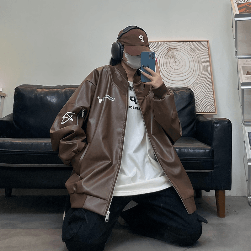 janedeiune 棕色机车皮衣男款秋季美式复古潮牌夹克美拉德穿搭外套