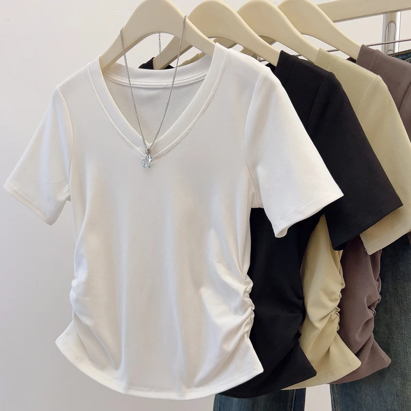 夏季大码女装收腰显瘦V领短袖t恤胖妹妹遮肚纯色简约休闲正肩上衣