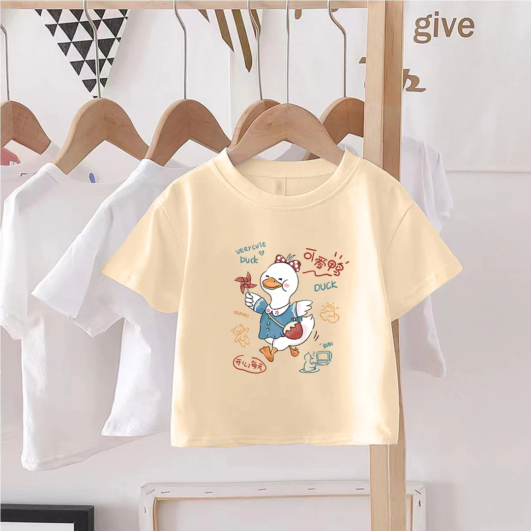 100%纯棉儿童短袖可爱鸭女孩中大童小童T恤夏季装新款上衣服童装