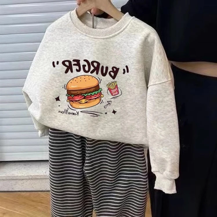 男童加绒卫衣秋冬加厚套头上衣2024新款中大儿童白灰色男孩打底衫