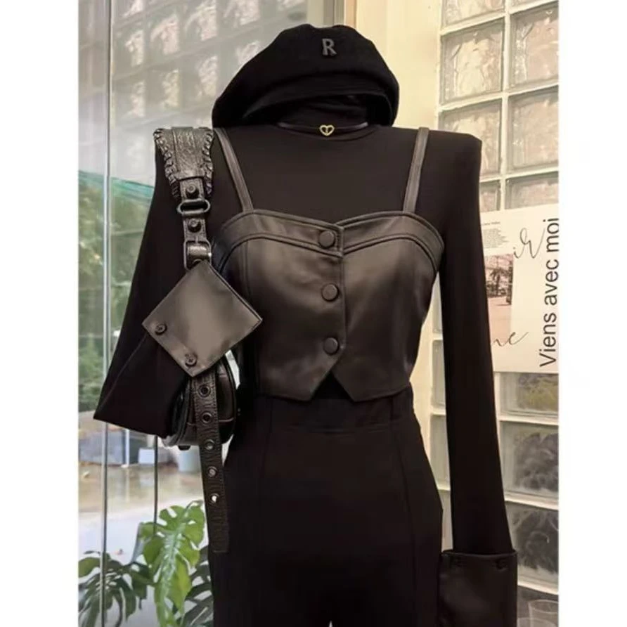 【打底+马甲】显瘦气质网红短款百搭复古小众秋季时尚套装