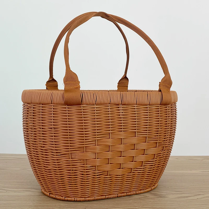 H73花纹帆布提手买菜篮复古纯手工仿藤超市购物编织可水洗大容量