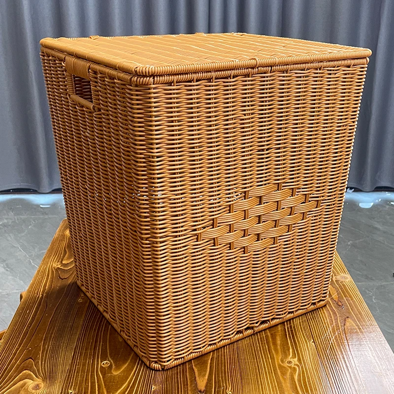 H70梯形花纹带盖带耳脏衣篓收纳筐玩具篮杂物特大容量仿藤编手工