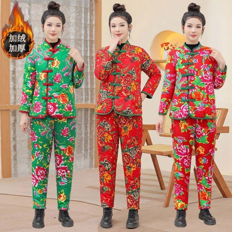 东北大花布衣服棉袄女冬季加厚保暖民族风棉服中国风棉衣棉裤套装