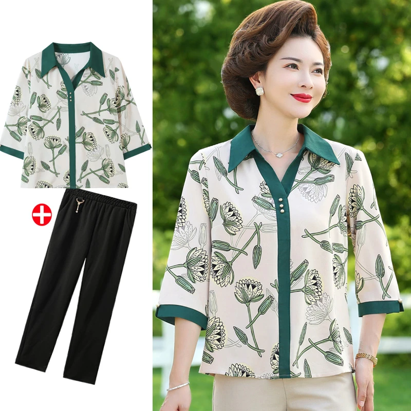 中年妈妈夏装洋气上衣服2025新款中袖T恤中老年女装春夏衬衫套装