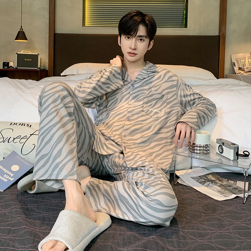 双面纯棉睡衣男春秋款长袖长裤秋季轻奢高级感全棉男款家居服套装