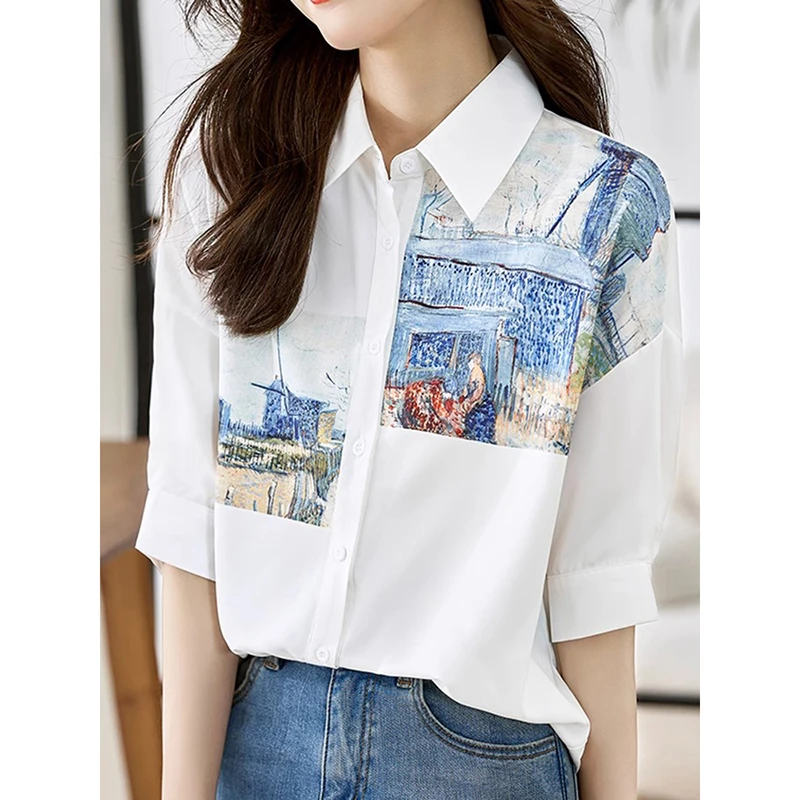 文艺印花雪纺衬衫女设计感夏装新款港风拼接显瘦白色衬衣气质上衣