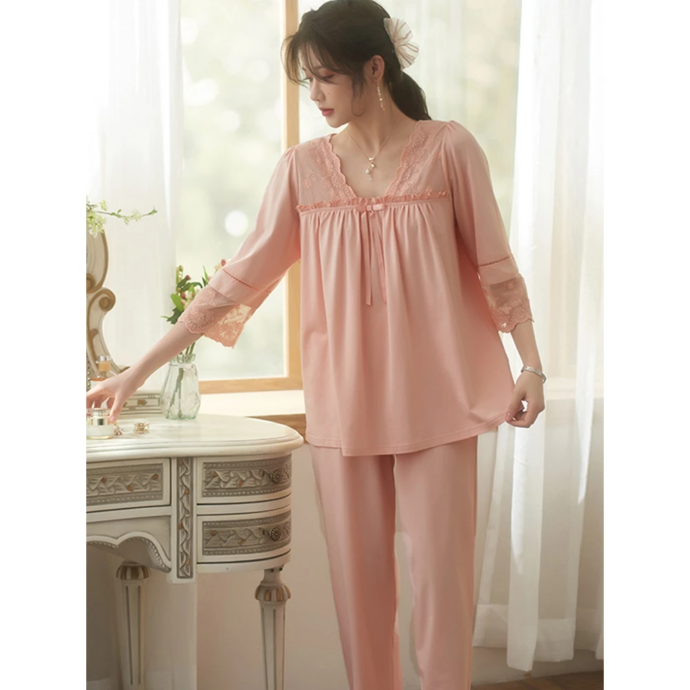 甜美女士睡衣高级感莫代尔七分袖套装简约舒适中年妈妈大码家居服