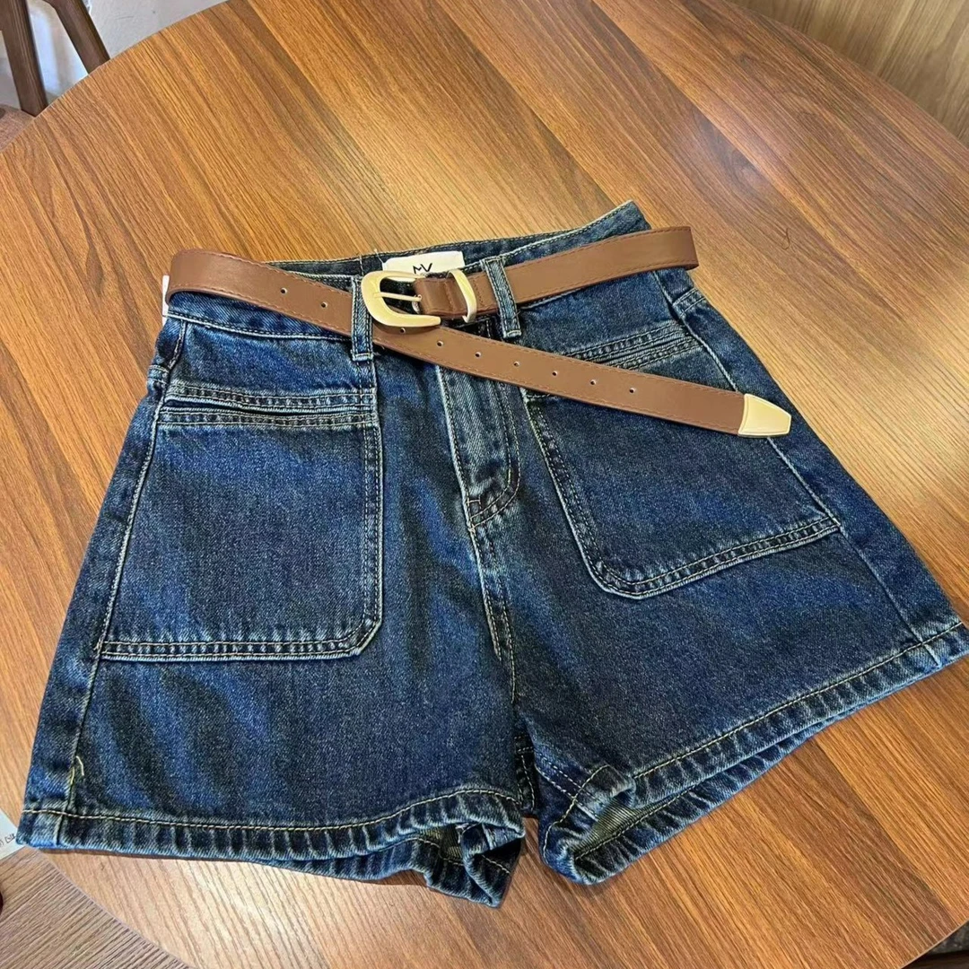 欧货夏季新款高腰显瘦阔腿复古带腰带a字短裤热裤牛仔短裤-5029-1