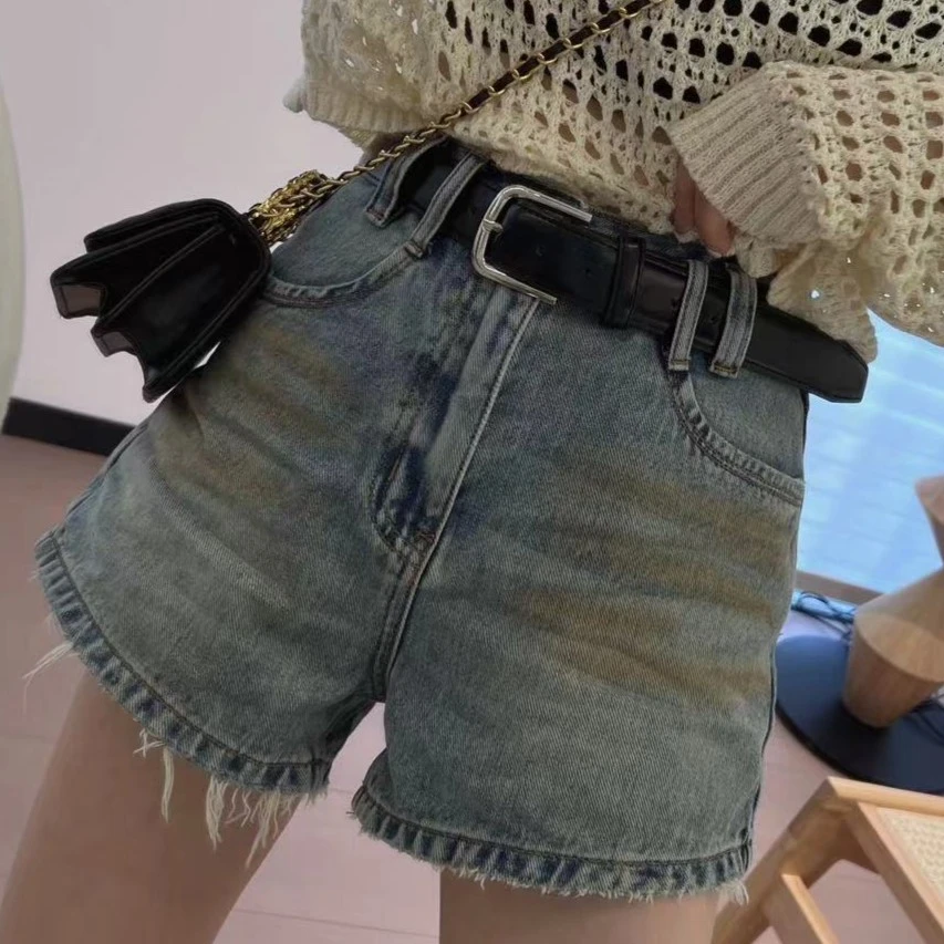 欧货夏季新款复古做旧高腰百搭牛仔短裤显瘦带腰带阔腿热裤-67100