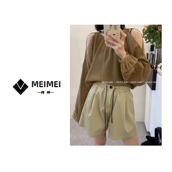 欧货夏季新款宽松百搭西装短裤时尚休闲显瘦高腰抽绳阔腿裤-6812