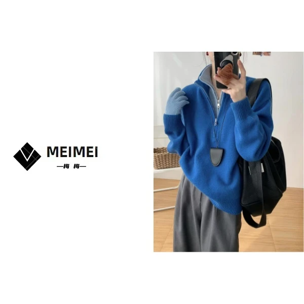 XMM.【双层领绵羊毛】长袖针织时尚休闲宽松秋冬加厚百搭拉链-11115