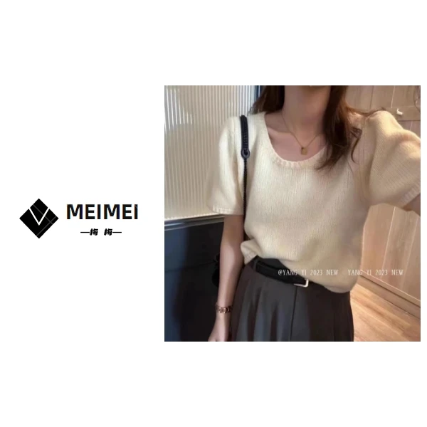 XMM.《全羊毛泡泡袖》秋季款圆领泡泡袖短袖毛衣A23339-3<冷水手洗>