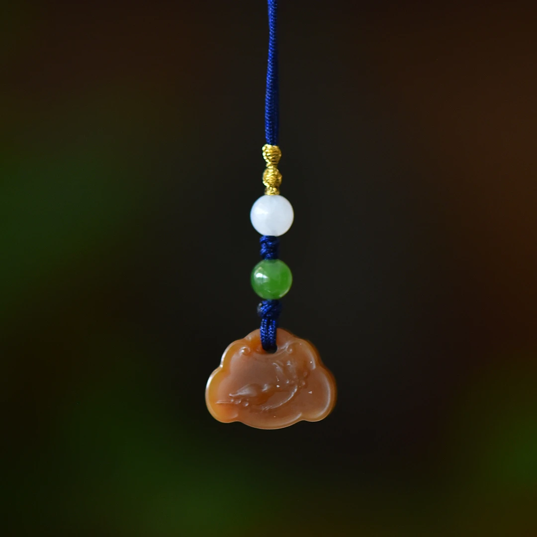 天然和田玉糖料祥云锁挂件 手工编织双面