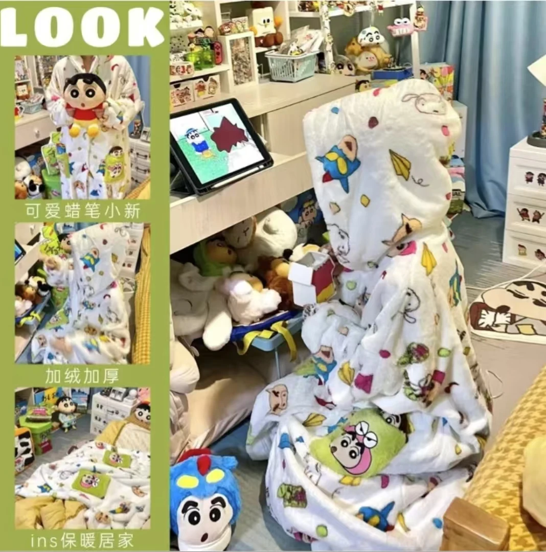 蜡笔小新同款睡衣冬季法兰绒男女生加绒连帽卡通睡袍大码家居服