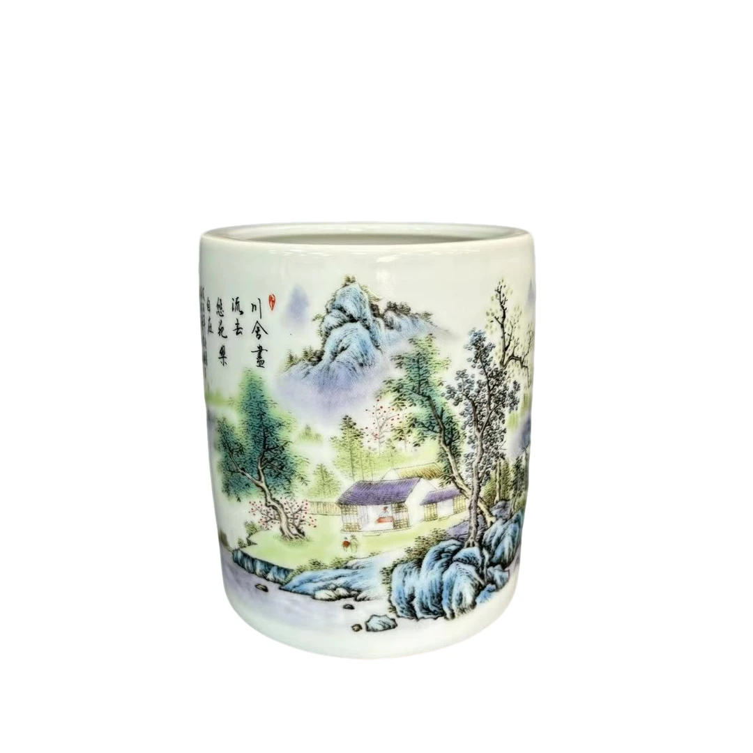 A49创意花卉陶瓷山村画图笔筒摆件