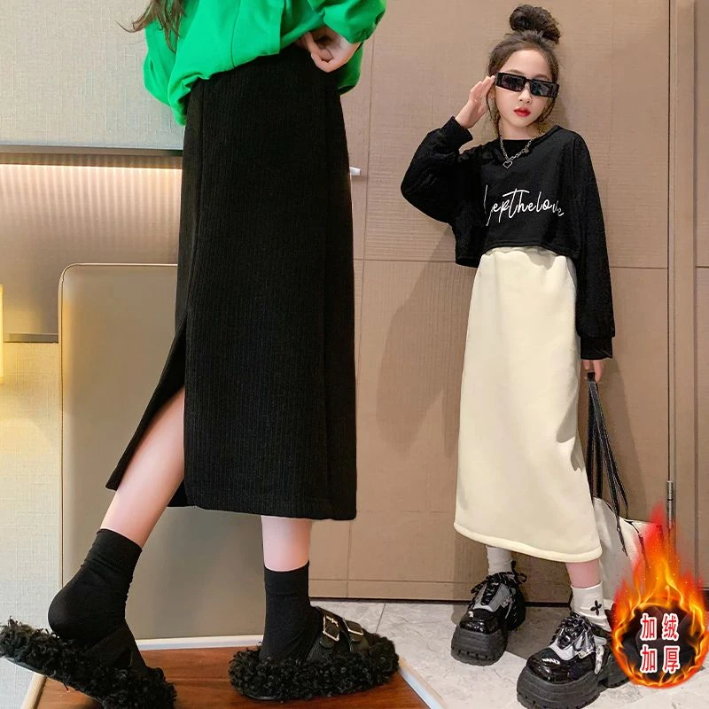 巴拉拉吧女童半身裙加绒加厚秋冬季新款中大童包臀裙长裙时尚百搭