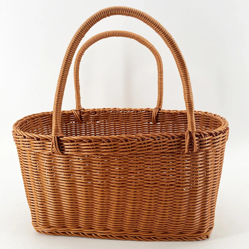 a075棕色长方形双提手野餐郊游纯手工编织大号菜篮子35*20*20