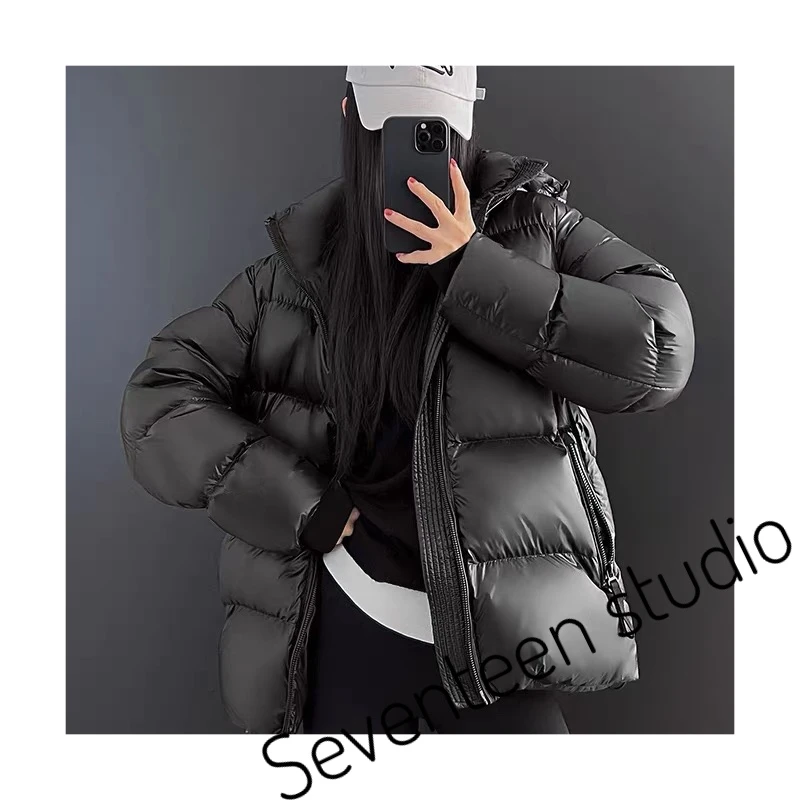 【Seventeen】黑色5格鹅绒连帽加厚保暖短款情侣外套