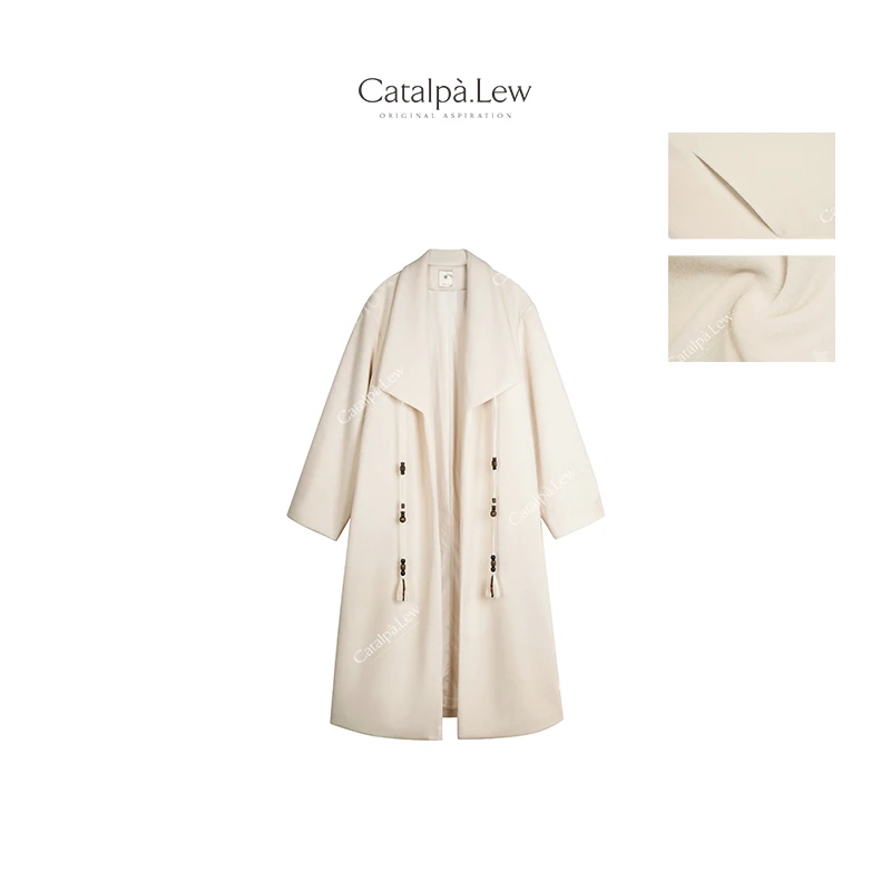 CatalpaLew「椿祭」腔调穿搭檀木琉璃珠饰中长款大翻领大衣#C8967