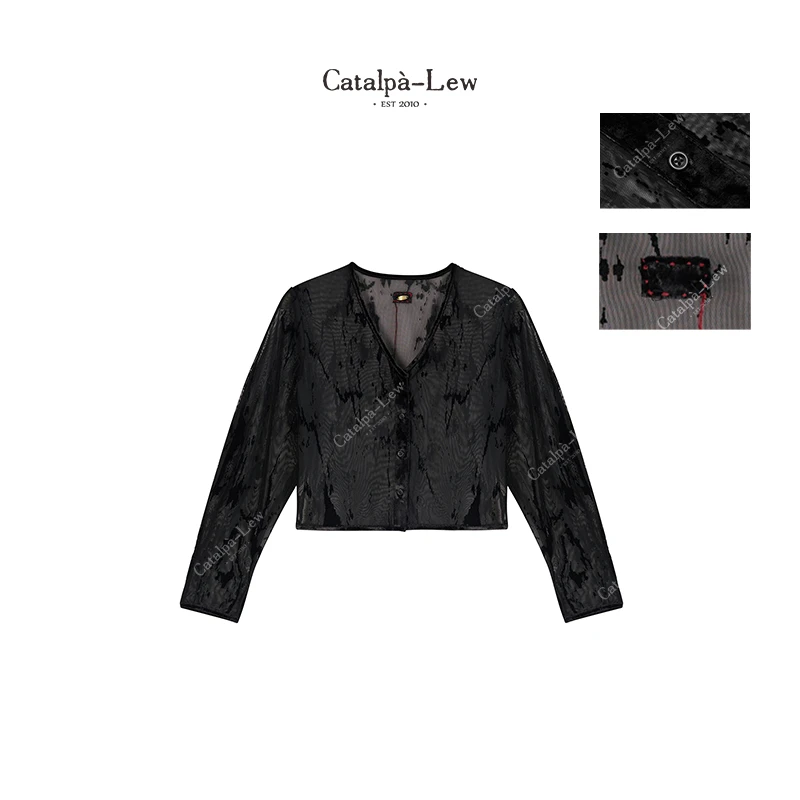 CatalpaLew「松间」侘寂风精标线迹水洗植绒网纱衬衫式外套 #C7259