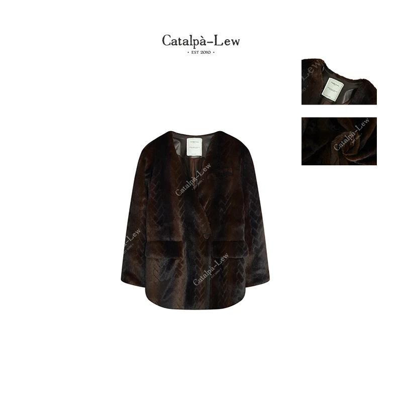 CatalpaLew「月亮上的野玫瑰」东方静奢V领压花中古皮毛外套#C50946